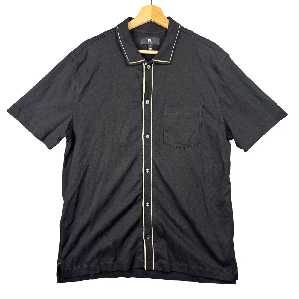 Banana Republic Mens Large Tall Black Tipped Full Button 100% Cotton Polo Shirt